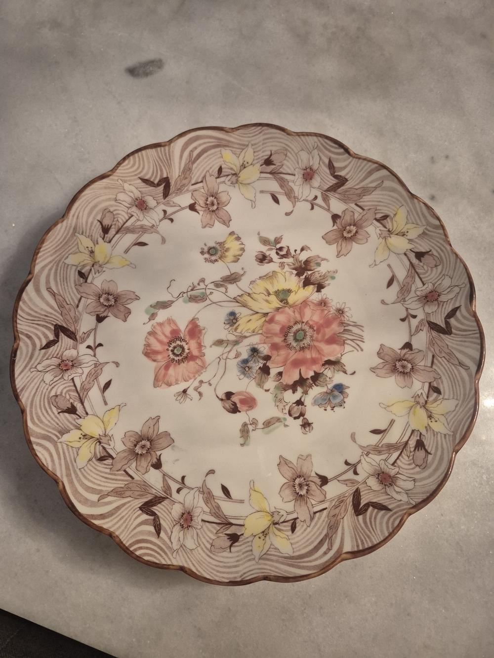 Vintage Japanese Floral Scalloped Decorative Plate — Pink, Yellow, Brown Accents